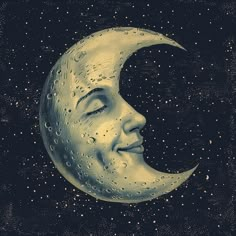 a drawing of a woman's face on the moon with stars in the background