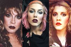 four different pictures of women with makeup and hair