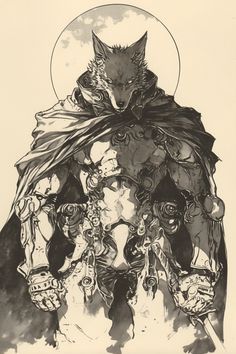 a black and white drawing of a man with a wolf on his back, surrounded by other people