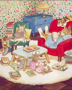 two cats are sitting in a red chair reading books and drinking coffee while another cat is laying on the floor