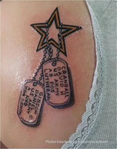 a tattoo with two tags and a star on it