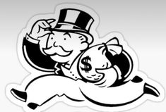 a sticker with an image of a man holding a pig in his lap and wearing a top hat