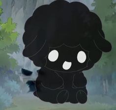 a black dog with white eyes sitting in the woods