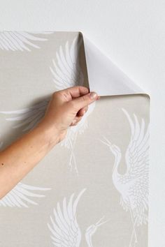 a person's hand on top of a piece of paper with white birds on it