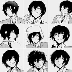 the many faces of an anime character with different hair colors and hairstyles, all in black and white