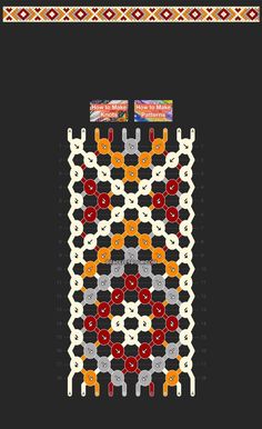 a cross stitch pattern with red, orange and white beads on black background that has an image of two people standing in front of them