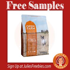 an open farm grain dog food bag with the image of a small dog in it