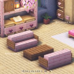 the interior of a bedroom in minecraft with pink furniture and decorations on the walls