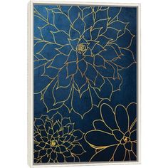 an abstract painting with gold lines and flowers on a blue background