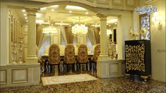 an elegant dining room with chandelier and chairs in gold color, surrounded by marble flooring