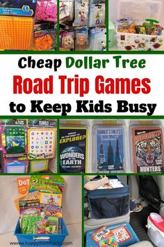 a collage of road trip games to keep kids busy in the car with text overlay reading cheap dollar tree road trip games to keep kids busy