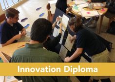 several people are sitting at a table working on an art project with the words innovation diploma in front of them