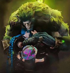 an anime character hugging another character in front of a dark background with green light coming from behind