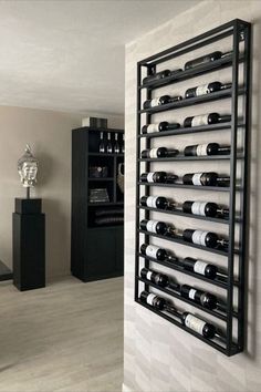 a wall mounted wine rack in a living room