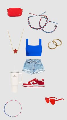 various items are arranged in the shape of a woman's head and torso, including a blue crop top, shorts, red shoes, bracelets, coffee cup, sunglasses and necklace