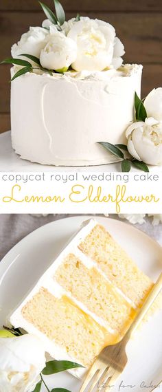 two pictures of a white cake with flowers on top and the words, how to capture royal wedding cake lemon elderfloss