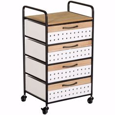 three drawers on wheels with wooden top and metal frame, one is white and the other has