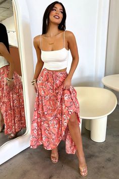 Kei Maxi Skirt - Pink Floral – Thats So Fetch US Italy Clothes, Crop Outerwear, Summer Formal Dresses, Hawaii Outfits, Red Swimwear, White Swimwear, Pink Swimwear, Beauty Features, Cruise Outfits