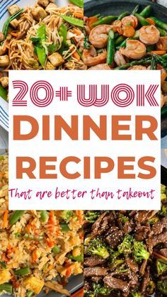 the cover of 20 wok dinner recipes that are better than takeout, including broccoli and shrimp