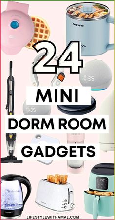 the words 24 minute dorm room gadgets are in black and white with images of kitchen appliances