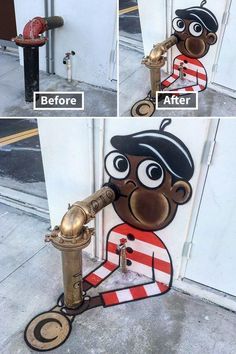 there are two pictures of a fire hydrant and the same one has a cartoon character on it