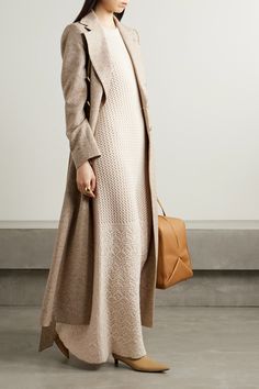 It's the premium fabrics and finishes that make Loro Piana's pieces feel so special. This 'Engadin' dress has been made in Italy from exceptionally soft cashmere that's pointelle-knitted and detailed with a geometric motif along the skirt. Style yours with a coat and boots in similar shades. Cashmere Dress Outfit, Loro Piana Coat, Fashion Samples, Vacation Fits, Queen Esther, Geometric Motif, Sweater Season, Cashmere Dress, Pointelle Knit