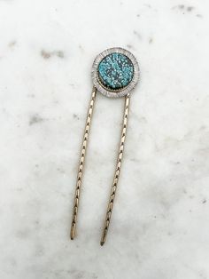 Brass Hair Fork Details: This hair fork is made with jewelers brass and features a Hubei turquoise.  The hair pin is 5 1/2" and will hold fine to medium hair thickness.  The bottom of the hair fork is pointy so please be careful when putting the hair fork in hair.   The back of side is stamped with "The Haute Bohemian" logo. The brass hair fork may bend when arranging in hair.  It can be shaped back to its original shape by gently bending it back back to shape.  How to wear a hair pin: There are Bohemian Bridal Hair, Brass Hair Pin, Bohemian Logo, Haute Bohemian, Gem Hair, Hubei Turquoise, Silversmithing Jewelry, Hair Thickness, Bohemian Bridal