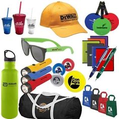 various items that include sunglasses, water bottle, and other items to be used for promotional purposes