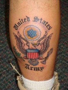 an american flag and eagle with the words united states army tattooed on it's leg