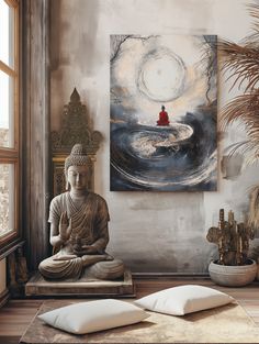 a buddha statue sitting in front of a painting on the wall