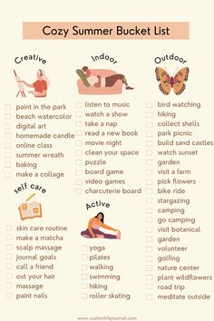 different summer hobby ideas Self Bucket List, Things To Do In Summer Aesthetic, Summer Hobbies Aesthetic, Fun Hobby Ideas, Summer To Do List Aesthetic, Hobbies For Summer, Summer Self Care Ideas, Summer Hobbies For Women, Summer Cozy Aesthetic