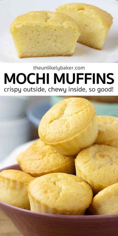 a bowl full of muffins on top of a table with the words mochi muffins below it