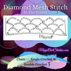 the diamond mesh stitch in the round pattern is shown on a purple and blue background