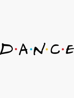 the word dance is written in black and multicolored dots on a white background