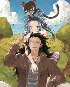 an anime character holding onto another character's head in front of trees and clouds