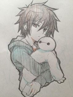 a drawing of a boy holding a teddy bear in his arms and looking at the camera