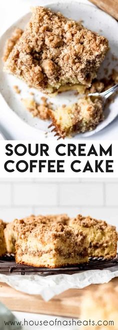 two pictures showing different types of desserts and the words sour cream coffee cake on top