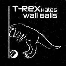 the t - rex hates wall balls logo on a black background with white typograms