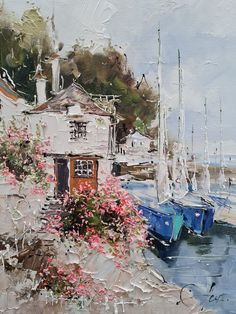 an oil painting of boats docked at a harbor with flowers in the foreground and houses on the other side