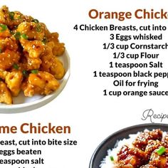 the recipe for orange chicken is shown with instructions