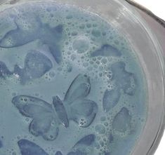 the bubbles in the water are blue and have butterflies on them, as if they were floating