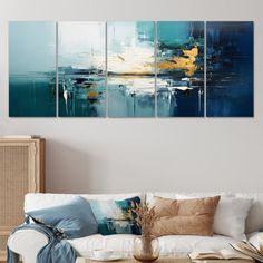 This beautiful "Golden Horizon Indigo Blue Gold" multipanel piece set of Canvas Art is printed using the highest quality fade-resistant ink on canvas. Every one of our fine art giclee canvas prints is printed on premium quality cotton canvas, using the finest quality inks which will not fade over time. Each giclee print is stretched tightly over a 1-inch wood sub frame ensuring the canvas is taught and does not buckle. Ivy Bronx Overall Size: 32" H x 80" W | Ivy Bronx Golden Horizon Indigo Blue… Art Set 4, Blue Abstract Wall Art, Art Adventure, Orange Wall Art, Gold Wall Art, Abstract Canvas Wall Art, Blue Wall Art, Canvas Wall Art Set, Art Print Set