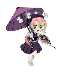 an anime character with pink hair and green eyes is holding an umbrella in her hand