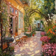 a painting of an outdoor cafe with tables and chairs in the sunlit garden area