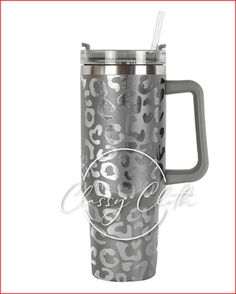 thermos travel mug is designed with leopard print and features a stainless steel handle