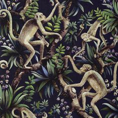 monkeys in the jungle with flowers and leaves on a dark blue background, painted by hand