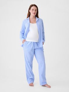 Soft cotton poplin maternity pajama shirt and pants set.  Notch collar.  Long sleeves.  Button front.  Elasticized waist at PJ pants.  Front slant pockets.  Allover stripes.  Please note: Maternity styles cannot be returned in store.  Please enjoy free returns by mail.  This product was made in a factory that invests in gender equality and women’s empowerment.  Through RISE Reimagining Industry to Support Equality) and Gap Inc. ’s program P. A. C. E.  Personal Advancement & Career Enhancement), Cotton Nursing Friendly Sleepwear, Nursing Friendly Cotton Sleepwear, Gap Relaxed Fit Sleepwear For Pajama Party, Gap Cotton Sleepwear For Pajama Party, Gap Relaxed Fit Sleepwear, Gap Cotton Bedtime Sets, Cotton Sleepwear By Gap For Bedtime, Cotton Gap Sleepwear For Bedtime, Gap Cotton Sleepwear