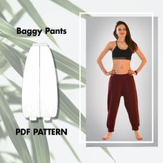 a woman in black top and maroon pants standing next to palm leaf print on white background