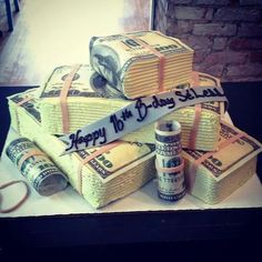 a cake made to look like stacks of money