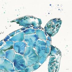 a watercolor painting of a sea turtle with bubbles on it's back end